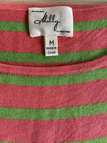 Milly Medium Sweater Preppy Coral Pink Green Stripe Summer Bright Beach Designer - Picture 2 of 8