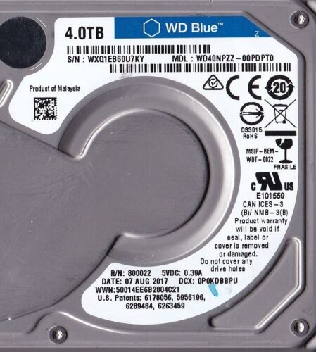 WD40NPZZ-00PDPT0 sn: WXQ1EB Malasia AGOSTO/2017 4 TB SATA 2,5 Western Digital - Imagen 2 de 4