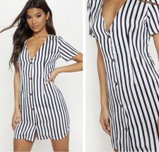 Pretty Little Thing Button Down Shift Dress Navy White Stripe 10 Brand New Tags