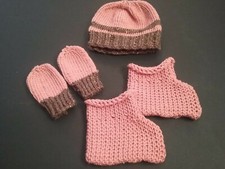 Brown and Pink Handmade Crochet Baby Set- hat, booties, mittens, age 0-3 months
