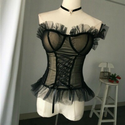 Damen Bustier Top Bandeau Trägerlos Netz Rüschen Punk Club Gothic Retro