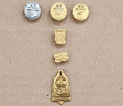 VINTAGE SET PROGRESSIVE WORDS PER MINUTE TYPING WRITING & COMMERCIAL TYPIST PINS