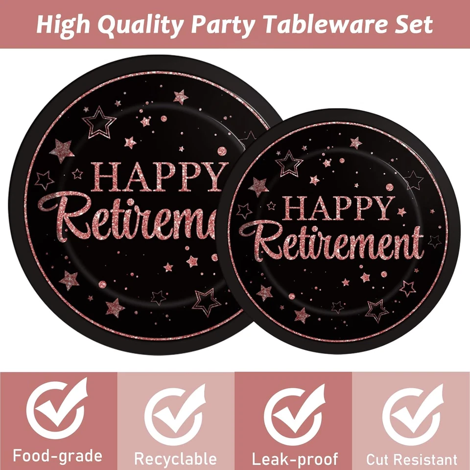 96 Pcs Retirement Party Plates Napkins Tableware Set Rose Gold Happy Retirement - Image 4 of 4