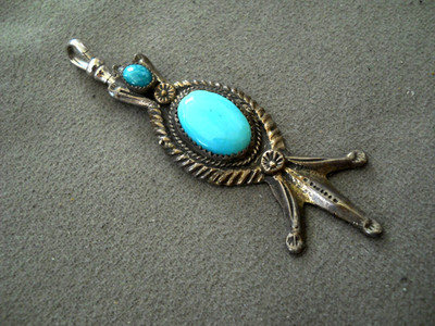Native American Navajo 2-Stone Turquoise Sterling Silver Squash Blossom Pendant