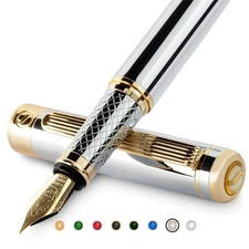 Silver Chrome Fountain Pen - Stunning Luxury Pen, Real Gold Finish, Schmidt G...