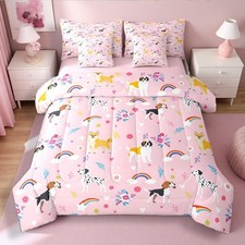 7 Piece Cartoon Pet Dog Bedding Set Queen Pink Love Heart Floral Print Comfor...