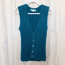 VTG Izod Womens Cable Knit Sweater Vest Size S Teal Preppy Americana Heritage