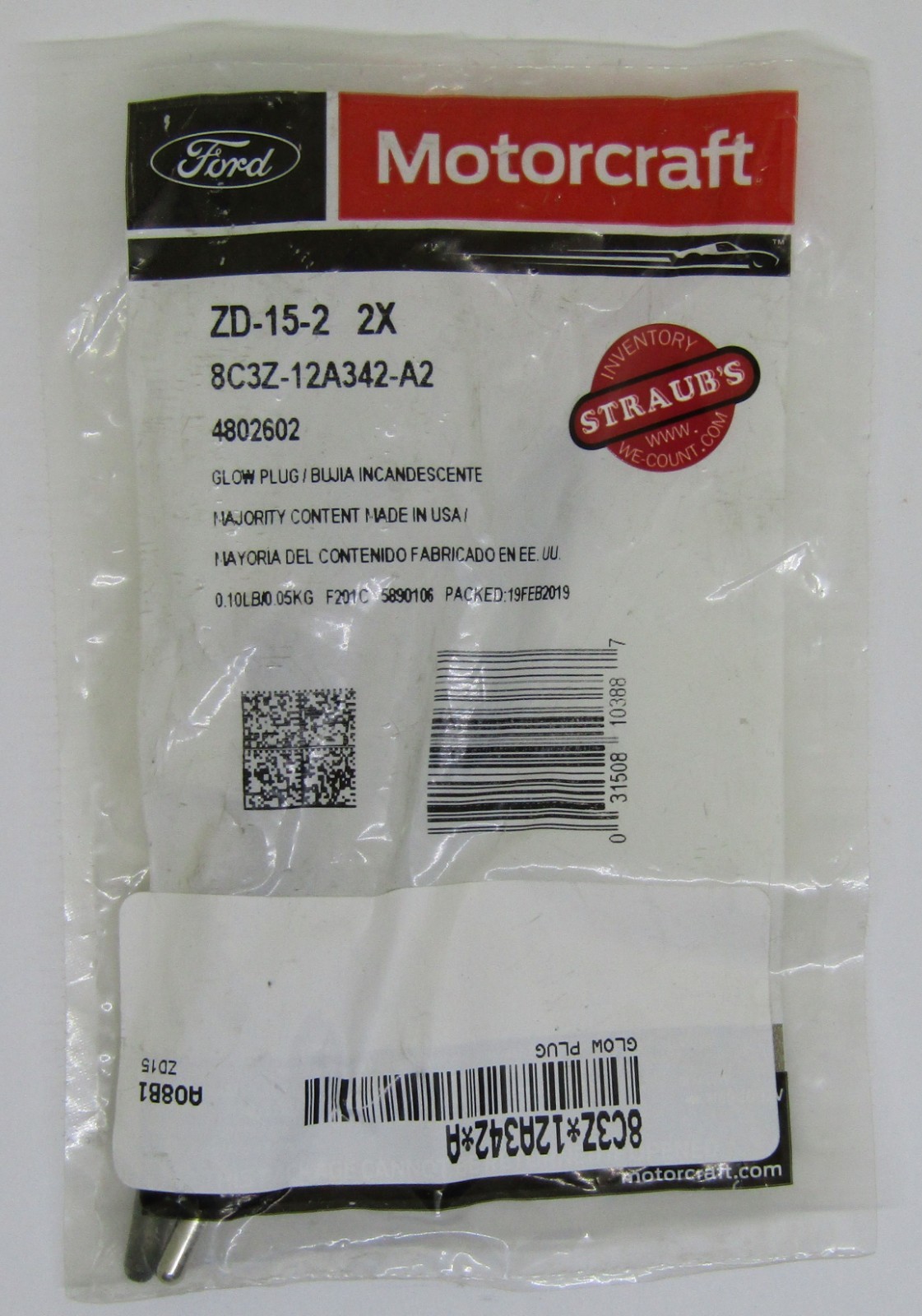 New Motorcraft Ford OEM Glow Plug No. ZD-15-2 / 8C3Z-12A342-A2 Sold Individually
