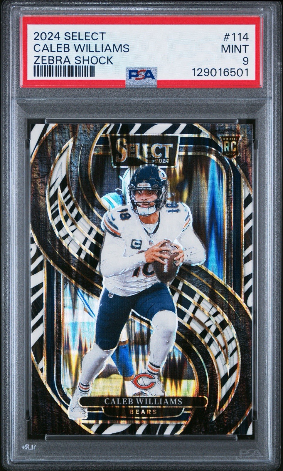 2024 Panini Select Premier Level Caleb Williams #114 Zebra Shock Prizm RC PSA 9