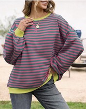 Womens Crewneck Oversized Sweatshirt Striped Color Block Tops Long Sleeve