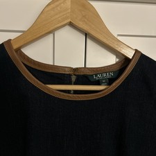 Lauren Ralph Lauren 10 Sleeveless Blue Denim Stretch Shift  Dress Leather Trim