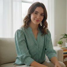 White House Black Market Teal & White Geometric Pattern Puff Sleeve - Size 12