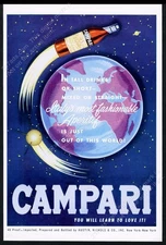 1964 Campari outer space rocket bottle satellite Earth art vintage print ad