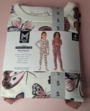 Girls Organic Cotton Pajama Set Butterfly  Flower 4 Piece Size 5 Member's Mark