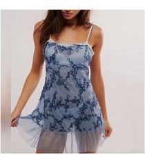 Free People Night We Met Blue Embroidered Slip Mini Dress Size Small