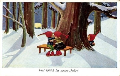 Ak Glückwunsch Neujahr, Zwei Zerge küssen sich auf einer Bank,... - 5021566