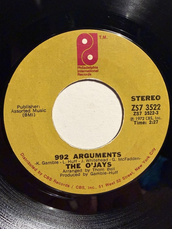 The O’Jays “992 Arguments” Philadelphia International 7” 45 VG++