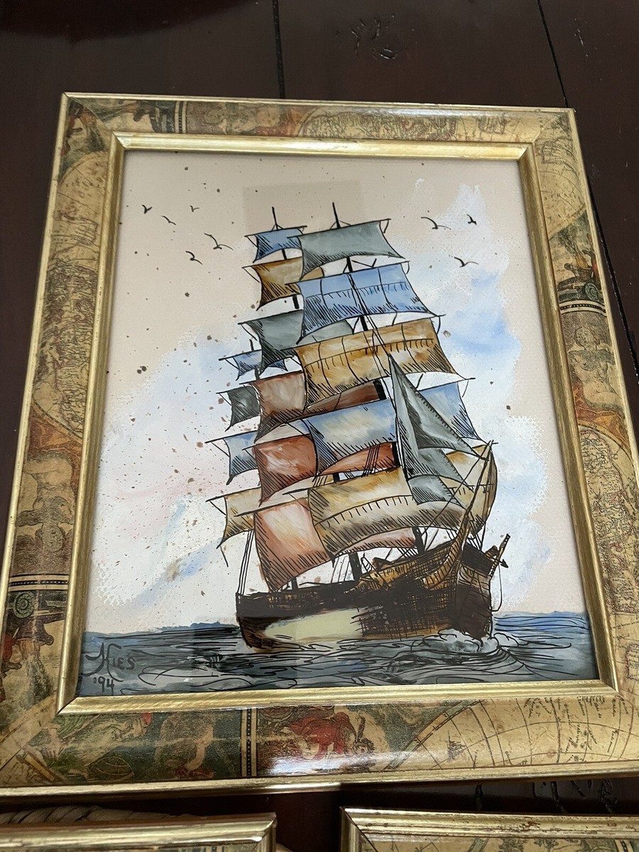シーグラスアート〖ANTIQUE〗 Vintage Reverse Painted glass framed art, Set Of 3 Sailboats