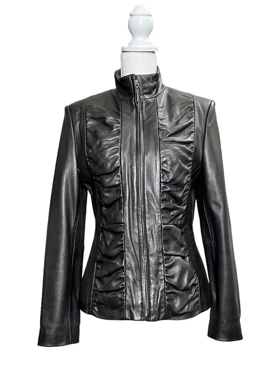 Collezione Women’s Black Pleated Leather Jacket sz XS-S