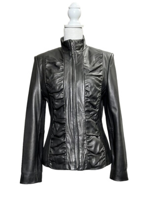【PORTERNA】Susha Collar Leather Jacket Collezione Women's Black Pleated Leather Jacket sz XS-S | eBay