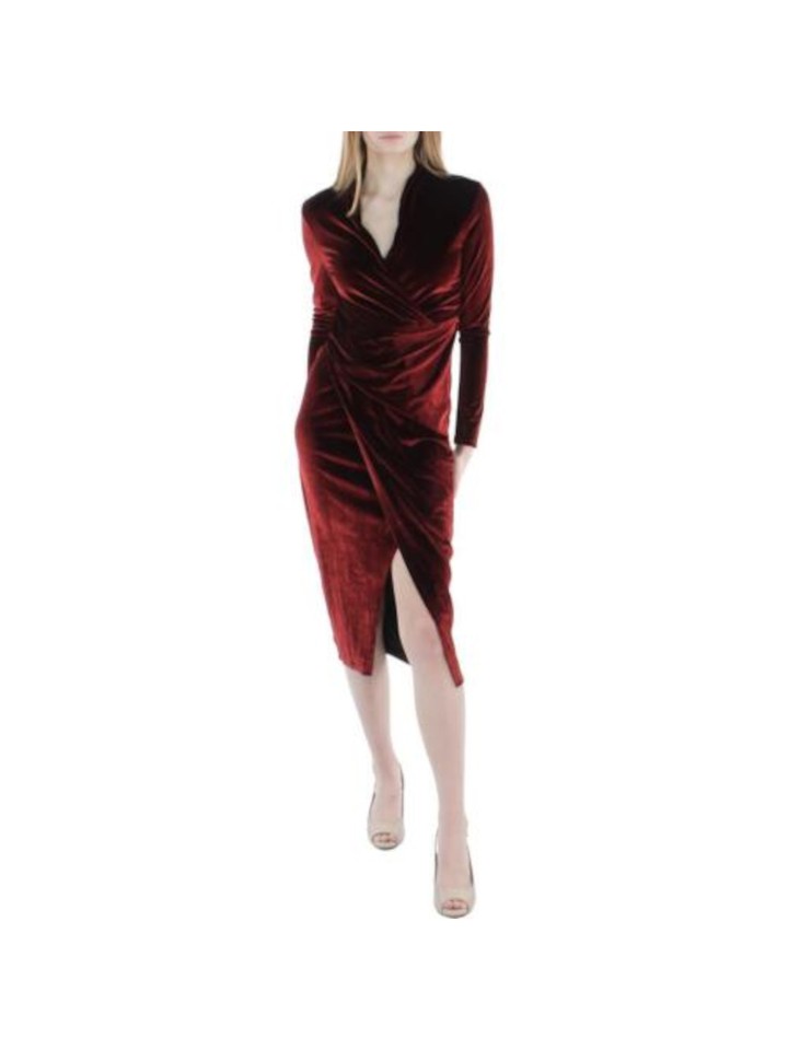 RACHEL RACHEL ROY Womens Red Long Sleeve Below The Knee Faux Wrap Dress