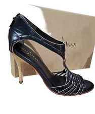 Cole Haan Open Toe Heels Womens 8.5 Black Air Technology Zipper Leather E3