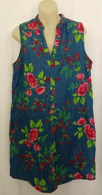 beige by eci denim dress Chambray Embroidered Floral Shirt Size 8 A flattering V