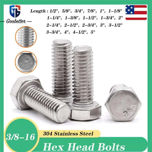 3/8-16 Hex Head Bolts 304 Stainless Steel Fully Thread DIN 933 Length 1/2" - 5"