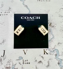 New Coach Signature Enamel Chalk Gold Hoop Huggie Earrings
