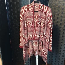 Maroon and Cream Geometric Patterned long sleeve open front cardigan