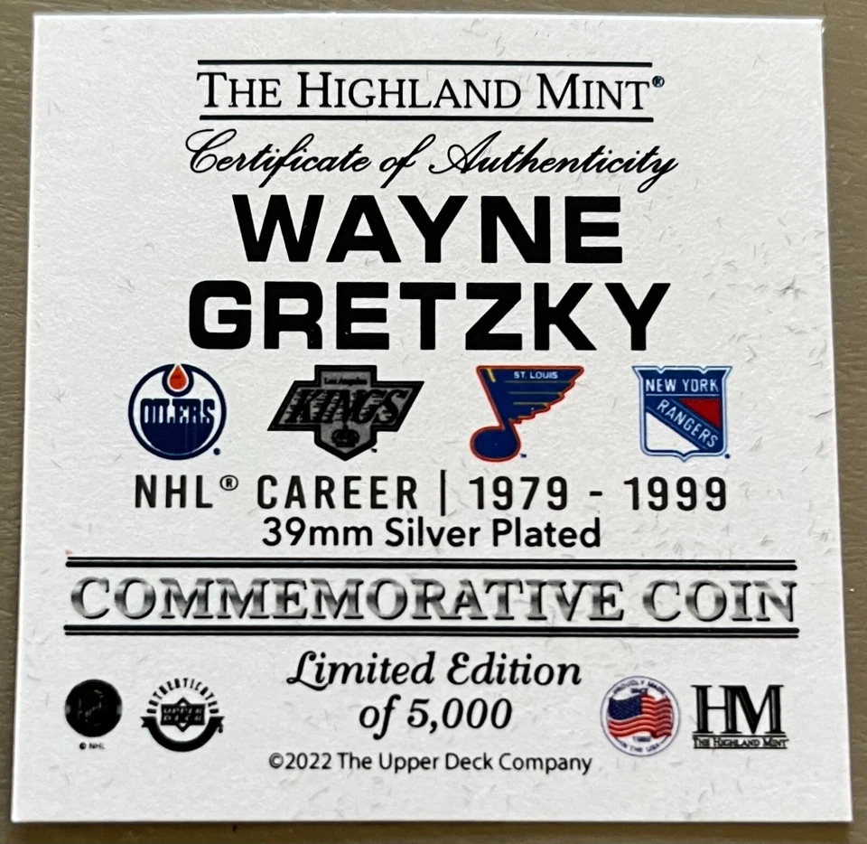 WAYNE GRETZKY THE GREAT ONE HIGHLAND MINT   SILVER PLATED MINT COIN - Image 3 of 4