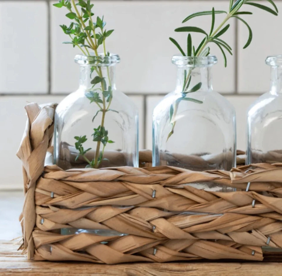 Neutral Straw Basket with 3 Glass Bottle Vases - Home  Farmhouse Country Decor  - Image 2 of 2