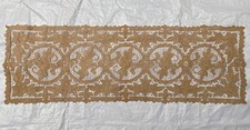 Long Vintage Fine French Embroidered Lace Tablecloth. Point de Venise Needle