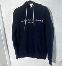 Tommy Hilfiger Mens S Navy Pullover Fleece Hoodie Logo Pockets Drawstring
