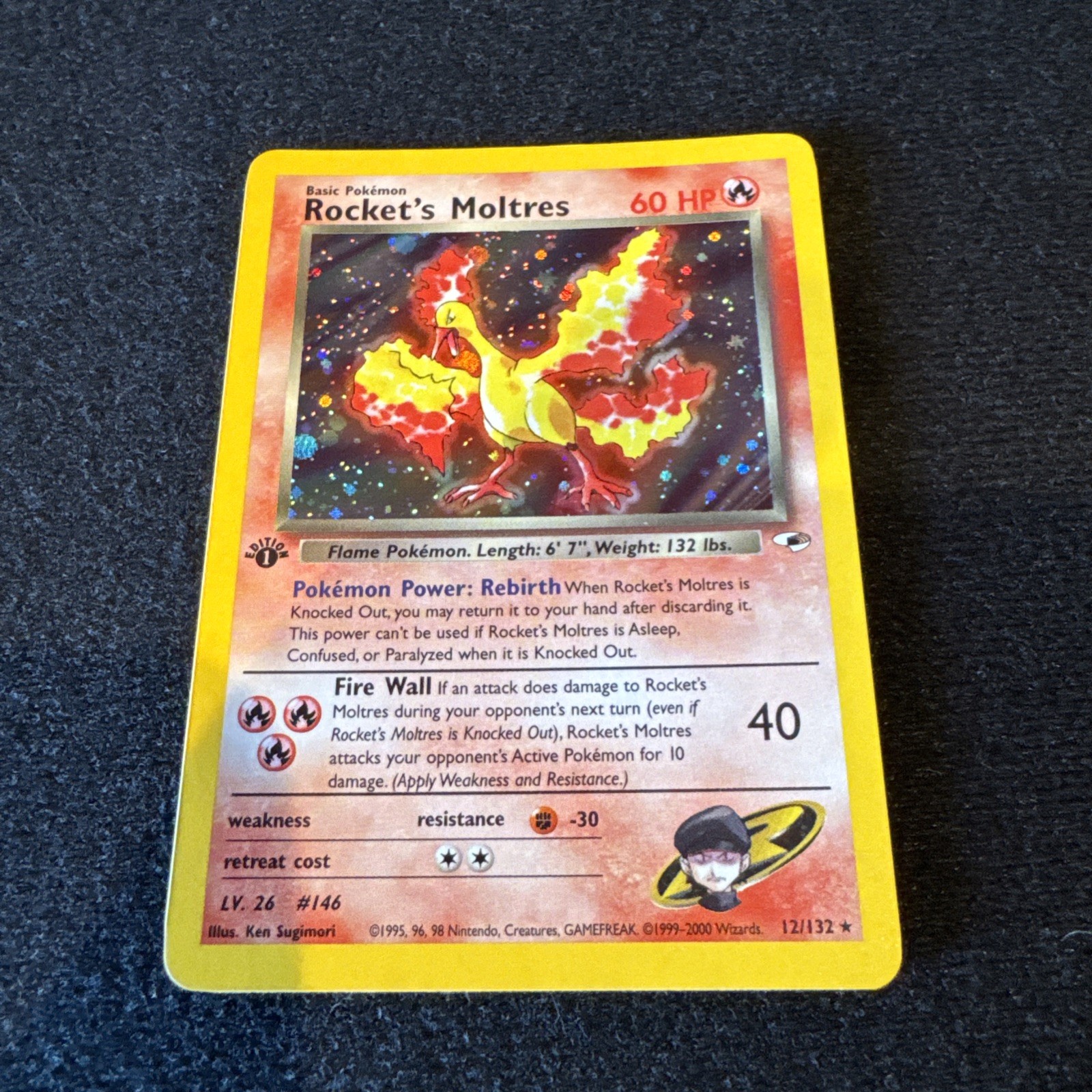 Rockets Moltres Holo Rare Card 12/132 Gym Heroes 1st Edition / NM! 
