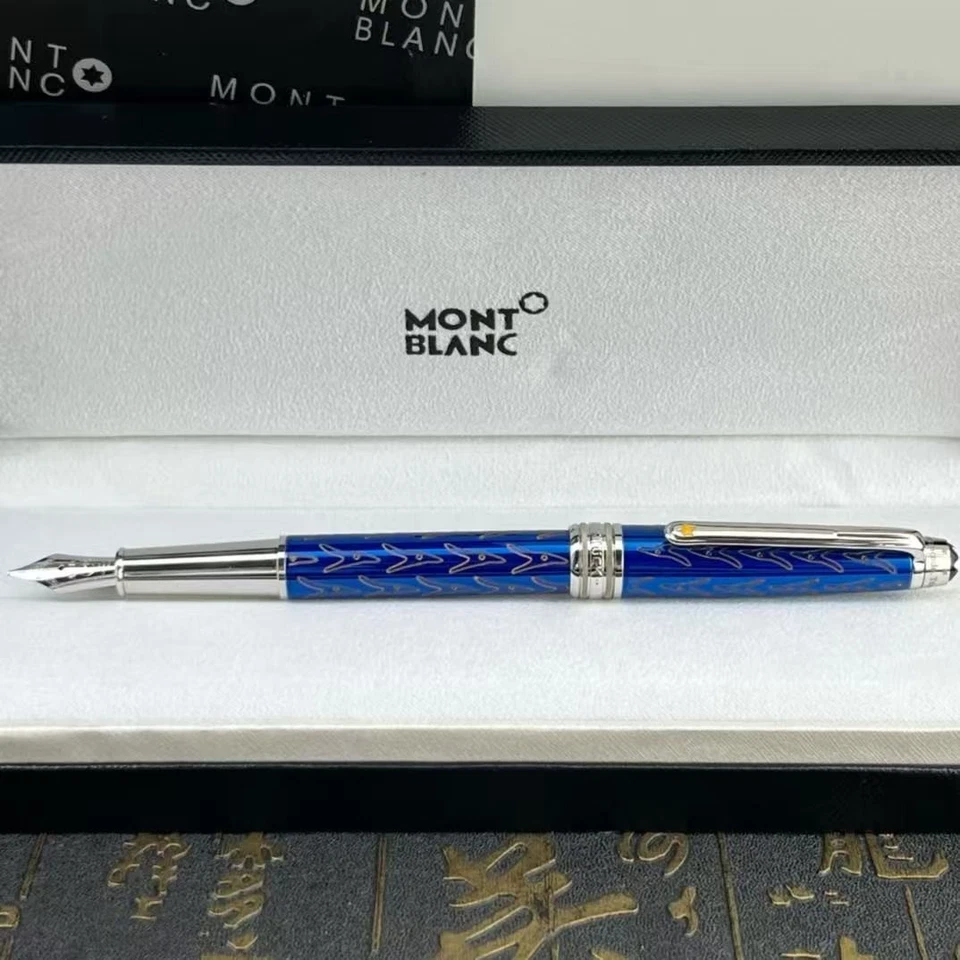 Montblanc Pluma Estilográfica Clásica de Lujo con Patrón Azul y Pluma Firma Nueva Foto 2 de 4