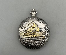 Milan Quartz Locomotive Train Pocket Watch Silver Tone With Gold Accents