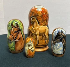Russian Equestrian Horses Handpainted Wood Nesting Dolls Cowgirl Decor Gift READ