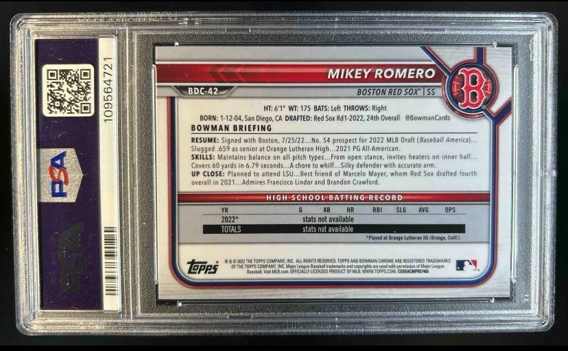 2022 Bowman Draft Sapphire Mikey Romero Chrome Refractor Yellow 1st #55/99 BDC42 - Image 2 of 2
