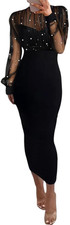 CHICME Women'S Bodycon Midi Dress Mock Neck Long Sleeve Sheer Dresses Beaded