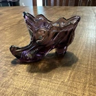 Fenton Hand Painted Purple Glass Shoe Figurine Signed D. Cutshaw Floral