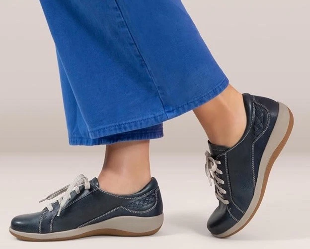 Aetrex Dana EE. UU. 7 UE 37 Zapatos Deportivos Oxford Con Cordones Cuero Azul Detalle Tejido Foto 2 de 4