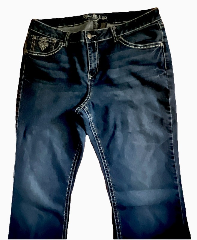 Love Indigo Premium Jeans Women 16 Embellished Denim Dark Blue Flare Bootcut