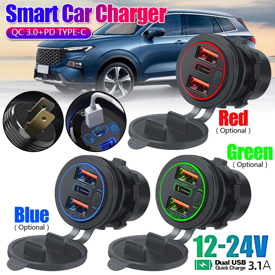 12V Dual USB C Steckdose 3.0 QC PD Einbau Buchse Wasserdicht KFZ Ladegerät Dose - Bild 2 von 4