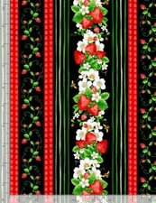 Food Fabric | Strawberry Fields Fruit Stripe Red Black | Timeless Treasures YARD