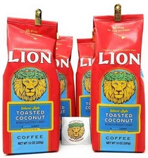 Lion Coffee TOASTED COCONUT, Ground, Light Roast, Four 10 Ounce Bags with...