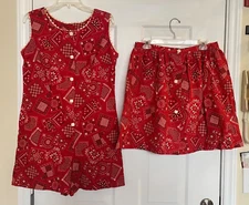 Vintage JOAN CURTIS 2 Pc Romper Cullotes M/L w/ Skirt Bandana Print Red