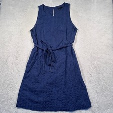 Banana Republic Cotton Eyelet Dress Women's 12 Sleeveless Tie Waist Casual Blue