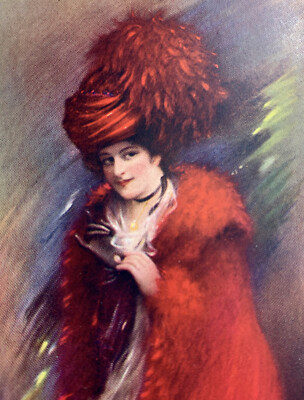 Original Pretty Lady Bryson art Print C 1910s Red Hat Red  Dress