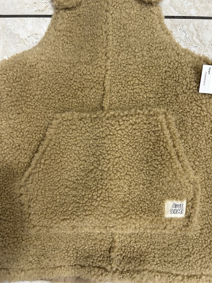 2T Art Class Tan Teddy Bear Sherpa Overall Kangaroo Pocket Pinafore